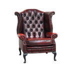 Grote Rode Engelse Chesterfield Oorfauteuil Gemaakt Van Dik Rundleer Met Queen Anne Pootjes thumbnail 1