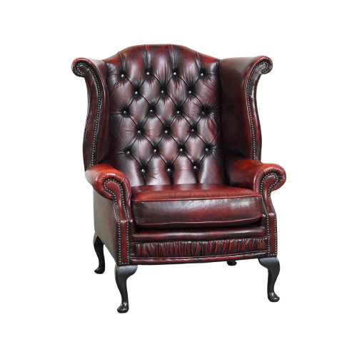 Grote Rode Engelse Chesterfield Oorfauteuil Gemaakt Van Dik Rundleer Met Queen Anne Pootjes