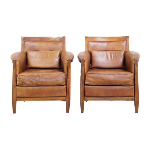 Set Van 2 Statige Schapenleren Armchairs Met Sierkussens Gecombineerd Met Hout