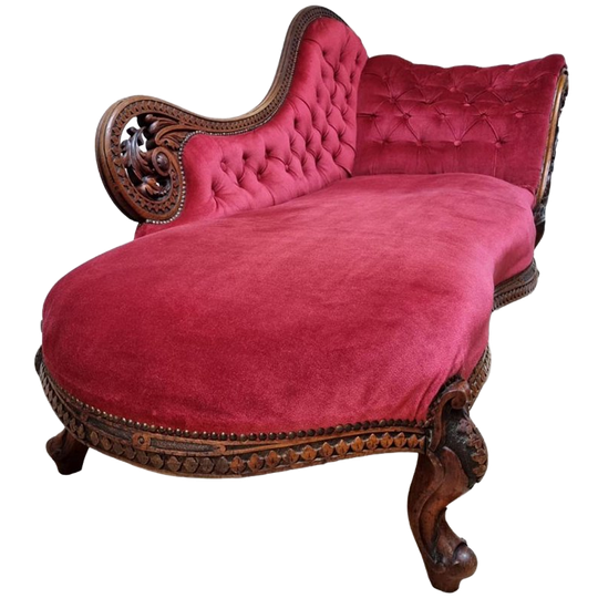 Antieke Bordeaux Rode Fluwelen Chaise Longue/ Daybed In De Barok-rococostijl, Tweede Helft 19e Ee 1