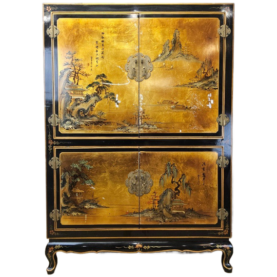 Vintage Chinese Kast Landschap Tempels (Bladgoud) Bohemian / Vintage Chinese Closet Landscape 1