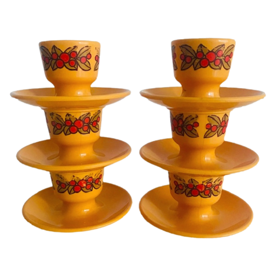 Set Retro Okergele Oranje Kunststof Eierdopjes D.b.p. 1970’s 1