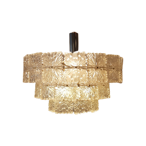 Three Tier Chandelier Featuring Etched Square Glass Tiles, 1960S Germany