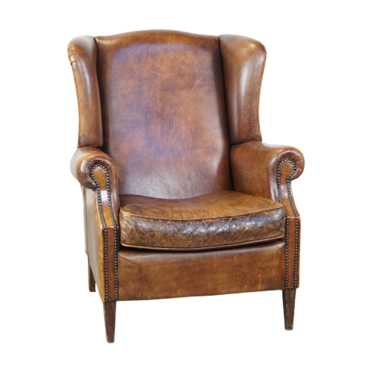 Grote, Karaktervolle En Comfortabele Vintage Engelse Stijl Schapenleren Oorfauteuil 1