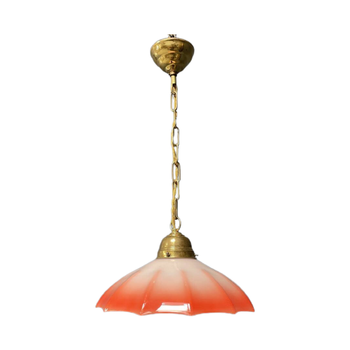 Vintage Messing Hanglamp Met Paraplu Glazen Kap