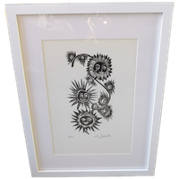 Houtsnede Willy Lecomte "zonnebloemen".