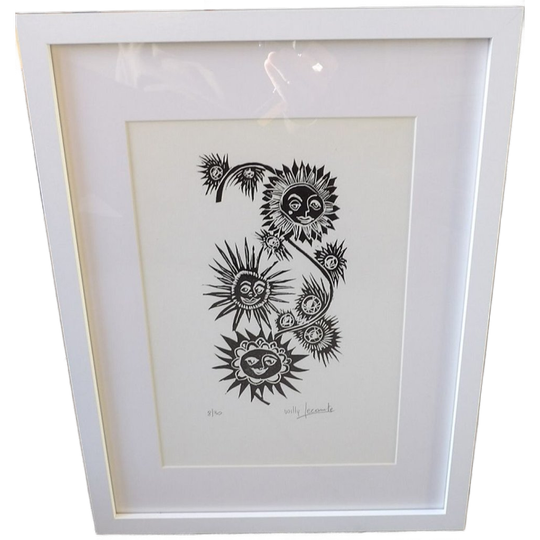Houtsnede Willy Lecomte "zonnebloemen". 1