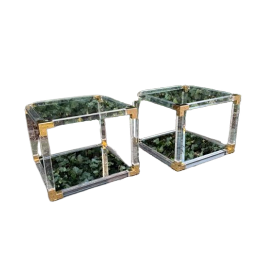 Hollywood Regency Bijzettafels Plexiglas, Glas, Messing 80s 1