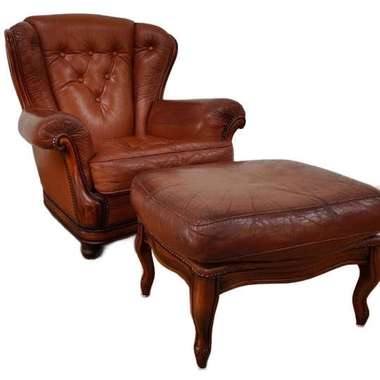 Vintage Lederen Fauteuil Met Hocker, Oorfauteuil 1