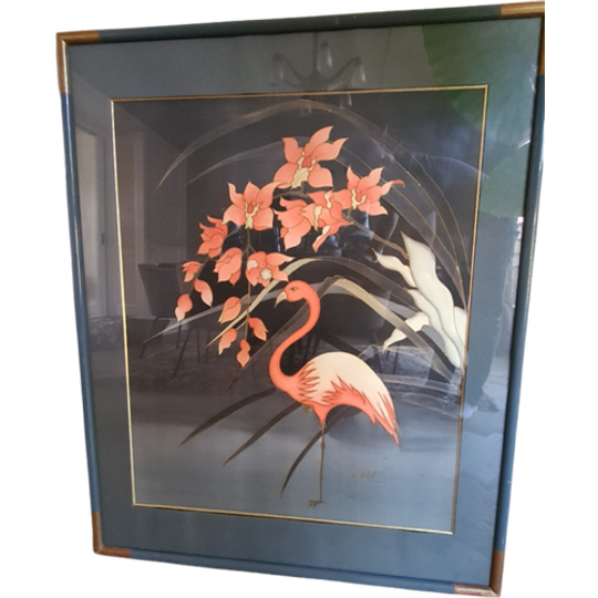 Mooi Vintage Schilderij Van Een Flamingo En Bloemen - Di Alexis 1