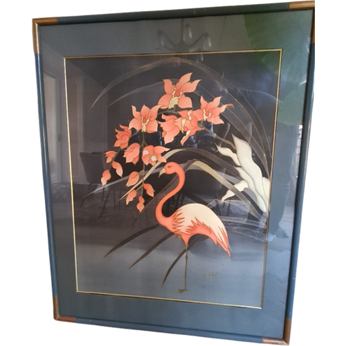 Mooi Vintage Schilderij Van Een Flamingo En Bloemen - Di Alexis