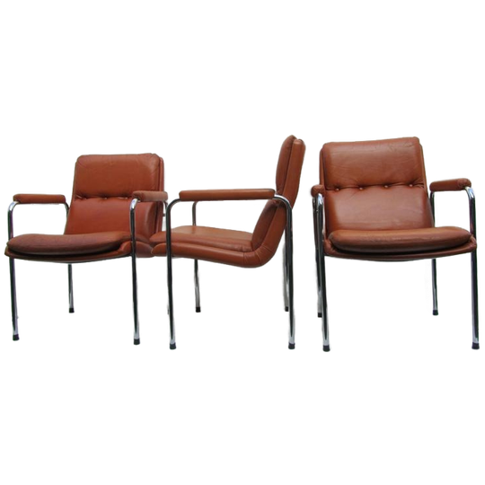 4 Vintage Cognac Leren Lounge Stoelen Artifort Geoffrey Harcourt 1