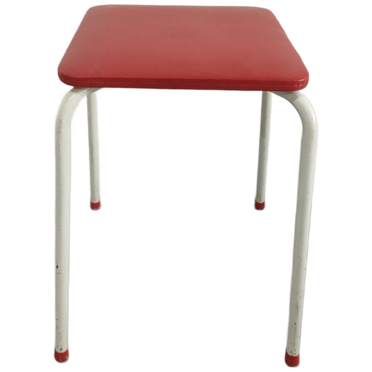 Vintage Witte Metalen Kruk Met Rode Kunstleren Zitting 1
