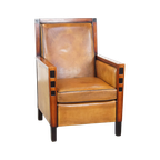 In Goede Staat Verkerende Schapenleren En Houten Fauteuil Met Een Mooi, Strak Art Deco Design thumbnail 1