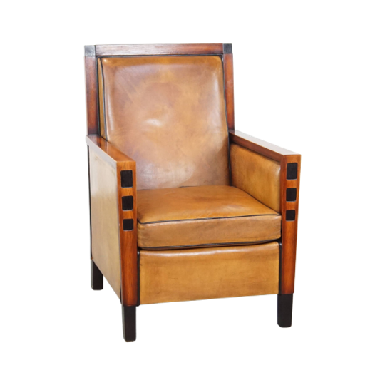 In Goede Staat Verkerende Schapenleren En Houten Fauteuil Met Een Mooi, Strak Art Deco Design 1