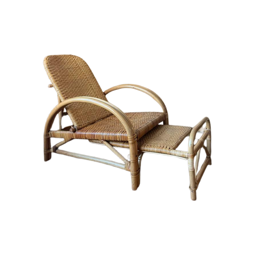 Vintage Boho Rotan Ligstoel Lounge Chair '60 Verstelbaar