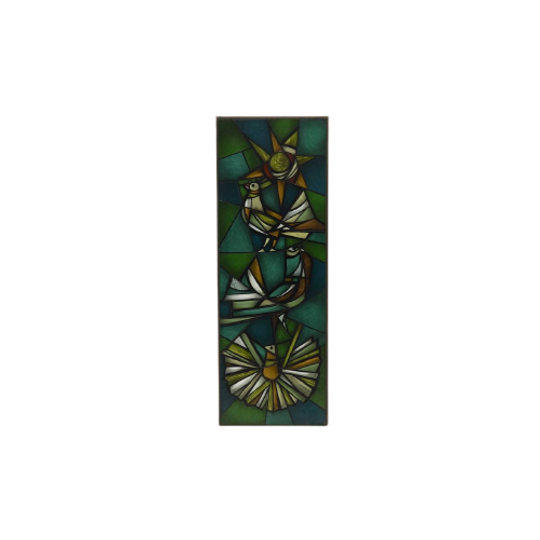 Framed Enameled Glass Artwork Attributed To Ellemarie Woolley 1950s 1