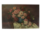 Groot Bloemen Stilleven Schilderij Rozen Boeket Gesigneerd R. Blanlin thumbnail 1