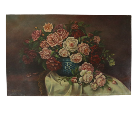 Groot Bloemen Stilleven Schilderij Rozen Boeket Gesigneerd R. Blanlin 1