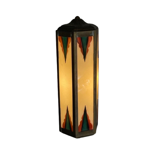 Art Deco / Amsterdam School - Stained Glass Wall Sconce - Bronze Frame - In The Style Of Tuschins