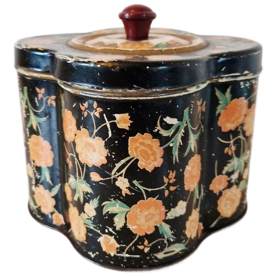 Antiek Blik Bakeliet Knopje Bloemen Blik Vintage Trommel 1