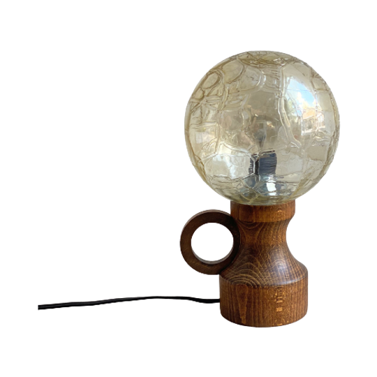 Vintage Tafellamp Eikenhouten Voet & Amberkleurige Glazen Bolkap 1