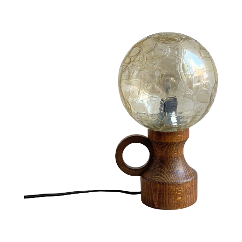 Vintage Tafellamp Eikenhouten Voet & Amberkleurige Glazen Bolkap