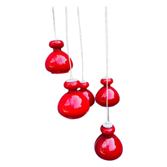 Vintage Hanglamp Vijf Lampen. Murano Glazen Lamp. Glazen Lamp. Rood 1