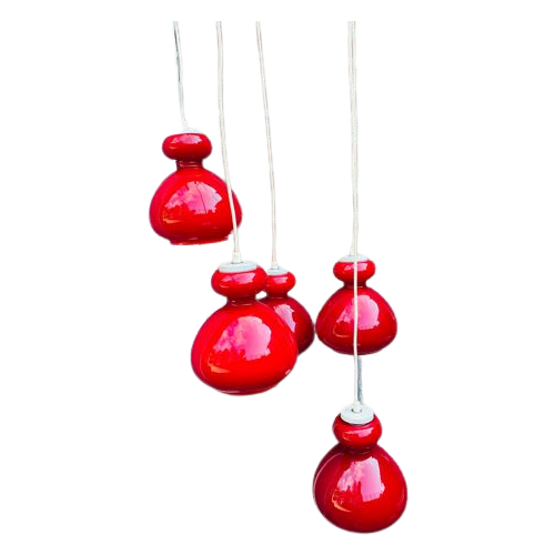 Vintage Hanglamp Vijf Lampen. Murano Glazen Lamp. Glazen Lamp. Rood