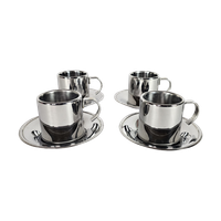 Meber - Set Van 4 Espresso Kop En Schotel - 18/10 Staal - Italie - 3e Kwart 20e Eeuw