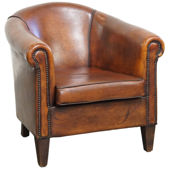 Karaktervolle Cognac-kleurige Clubfauteuil Gemaakt Van Schapenleer 1