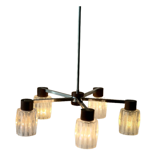 Tijdloze Mid Century Modern Vintage Hanglamp Met 5 Kristalachtige Kapjes, Reliving