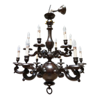 Art Deco Gepatineerd Bronzen Nederlands- Vlaamse Kasteel Kroonluchter, 12 Lichtpunten thumbnail 1