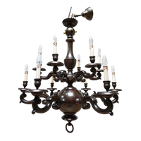 Art Deco Gepatineerd Bronzen Nederlands- Vlaamse Kasteel Kroonluchter, 12 Lichtpunten