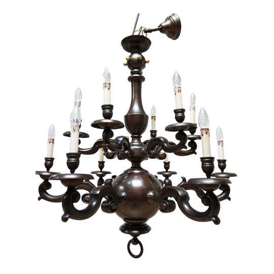 Art Deco Gepatineerd Bronzen Nederlands- Vlaamse Kasteel Kroonluchter, 12 Lichtpunten 1
