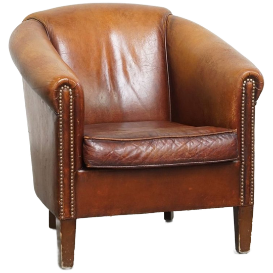 Stoere, Tijdloze, Cognac Kleurige Schapenleren Clubfauteuil Met Een Waanzinnige Vintage Look 1