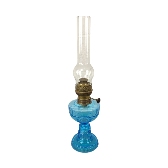 Antieke Glazen Olielamp Blauw 1