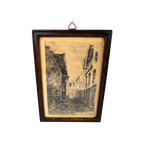 Gravure - België - 'Bruges La Rue Des Poitiers - Eiken Lijstje - Origineel - 19E Eeuw thumbnail 1