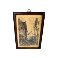 Gravure - België - 'Bruges La Rue Des Poitiers - Eiken Lijstje - Origineel - 19E Eeuw