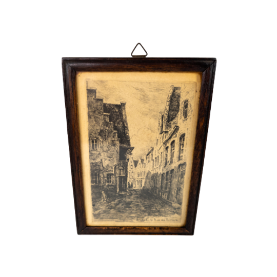 Gravure - België - 'bruges La Rue Des Poitiers - Eiken Lijstje - Origineel - 19e Eeuw 1