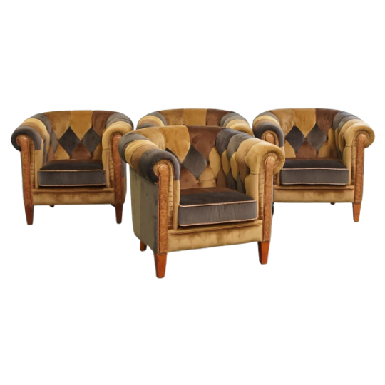 Unieke Set Van 4 In Goede Staat Verkerende Stoffen Patchwork Chesterfield Clubfauteuils 1