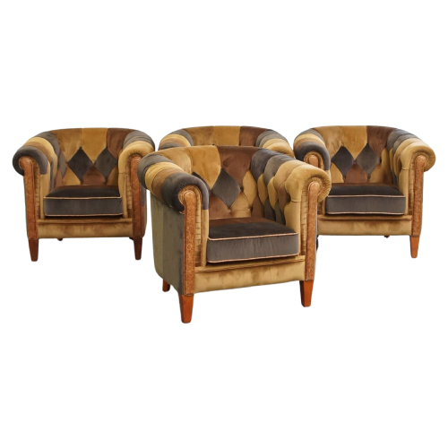 Unieke Set Van 4 In Goede Staat Verkerende Stoffen Patchwork Chesterfield Clubfauteuils