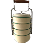 Vier Tappen Emaille Pannen / Schalen Set In Crème Met Groen Rand thumbnail 1