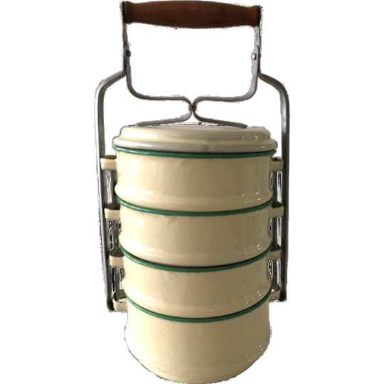 Vier Tappen Emaille Pannen / Schalen Set In Crème Met Groen Rand 1