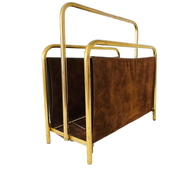 Vintage Hollywood Regency Krantenbak Lectuurmand Metaal Suède 1970’s 1