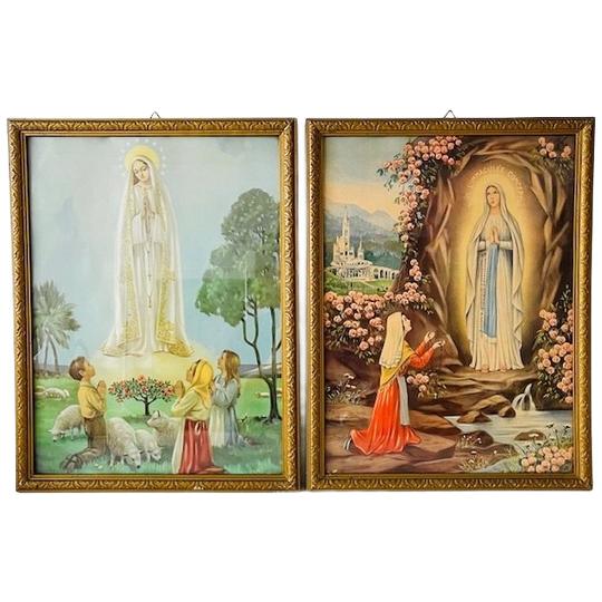 Set Vintage Religieuze Lithografieën Schilderijen Maria Lourdes 1940’s 1