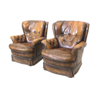 Set Van 2 Lederen Chesterfield Fauteuils Uit De Jaren '70