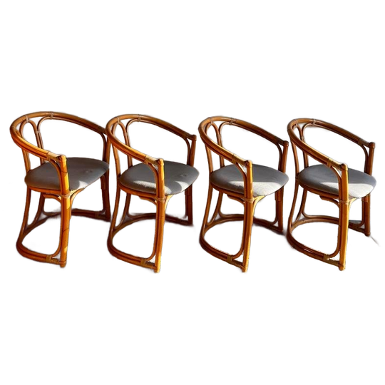 4 Rotan Bamboe Eetkamer Stoelen Mid Century Vintage 1