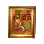 Vintage Framed Needlepoint * Antique Tapestry Of Woman Reading * Frame Embroidery Wall Art thumbnail 1