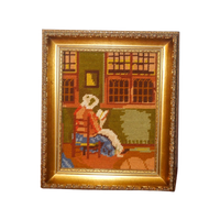 Vintage Framed Needlepoint * Antique Tapestry Of Woman Reading * Frame Embroidery Wall Art